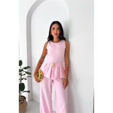 Neşeli Butik Kaldın Pembe Kolsuz Gold Toka Detaylı Peplum Kesim Preium Tulum NBK4637