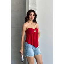 Shopping Shop Gloplu Straplez Tokalı Crop Top KIRMIZI