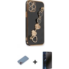 Marsilyan™- iPhone 12 Pro Kılıf Nova Işık Prime - Siyah 3D Antistatik Hayalet Cam Ekran Koruyucu + Shine Kamera Lens Koruma Cam - Pe