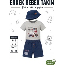 Lika&nika Erkek Bebek kot Şortlu Pamuklu kısa kolu Tişört Şapkalı Yazlık Takım 3-6, 6-9, 9-12, 12-18