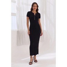 Shopping Shop Yakası Çıtçıtlı Fitilli Elbise Sıyah