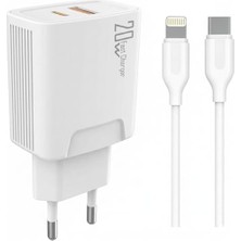 Ahl Shop 20 Watt USB + Type-C Çıkışlı Hızlı Şarj Başlık Adaptör + 1m 3A Type-C To Lightning ile Uyumlu Kablo (Yerli Üretim) Kdr-42 Beyaz (20W+IPHONE ile Uyumlu Kablo)