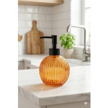 Çizgili Yuvarlak Siyah Pompalı Cam Sıvı Sabunluk - 500ML - 16X10X10 cm