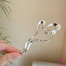 Cinderella Incili Geometrik Tasarım Gümüş Metal Kadın Saç Topuz Tokası 12.5cm - Zarif Şık Çubuk Toka Saç Çubuğu