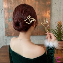 Cinderella Geometrik Tasarım Inci Taşlı Gold Metal Kadın Saç Topuz Tokası 12.5cm - Modern Çubuk Toka Saç Çubuğu