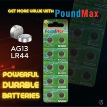 Ahl Shop 50 x Poundmax AG13 LR44 1,5 V Poundmax Alkalin Düğme Pil