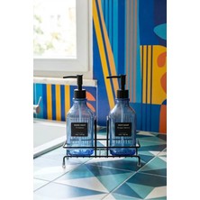 Modern Çizgili Cam Ikili Sıvı Sabunluk & Deterjanlık Seti - 500ML Standlı Mutfak ve Banyo Organizeri