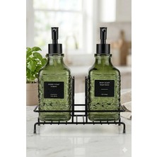 Modern Çizgili Cam Ikili Sıvı Sabunluk & Deterjanlık Seti - 500ML Standlı Mutfak ve Banyo Organizeri