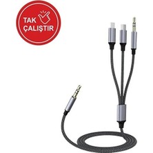 Ahl Shop 3in1 Type-C, Lightning ile Uyumlu To 3.5mm Örgülü Aux Kablosu 1m MT2811 (Tak Çalıştır)