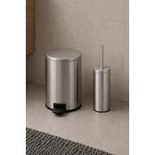 Primanova Cigo Compact 2'li Banyo Seti 3 Lt Çelik Çöp Kovası + Tuvalet Fırçası - Metalik