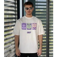Unisex Bisiklet Yaka Baskılı Oversize T-Shirt - Beyaz