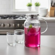 Ahl Shop Borosilikat Cam Sürahi - Silikon Contalı Süzgeçli Metal Kapaklı | Konik, Fitilli ve Düz Model Seçenekleri | Isıya Dayanıklı Şeffaf Karaf (1800 ml - 2000 Ml) (Düz - 1800ML)