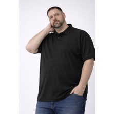 Erkek Pike Kumaş Düğmeli Yaka Battal Büyük Beden Günlük Kısa Kol Tişört T-Shirt - Siyah