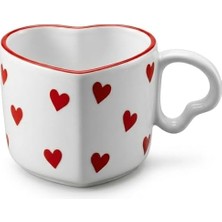 Ahl Shop Seramik Kulplu Kupa Bardak, 250 ml Geniş Kapasite, Kırmızı Kalp Desenli Tasarım, Ev Ofis Restoran Için Kullanıma Uygun El Yapımı Seramik Kulplu Çay Kahve Espresso Latte Sunum Bardağı