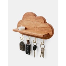 Ahl Shop Doğal Kiraz Ağacı Duvar Anahtarlığı - 4 Kancalı Antre Askısı, Delmesiz Montaj, Ev Girişi Dekoratif Anahtar Askısı (Yazılı ve Raflı Seçenekler) (Doğal Kiraz Ağacı, Raflı)