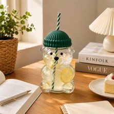 Ahl Shop 580 ml Ayıcık Desenli Cam Bardak Pipetli Silikon Kapaklı Soğuk Kahve Bardağı Şeffaf Cam Kupa Sevimli Ayıcık Bardak Bubble Tea Smoothie Milkshake Meyve Suyu Içecek Bardağı Çocuk ve Yetişkin