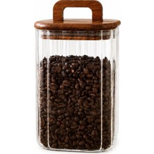 Welcomein 1100 ml Kare Line Cam Kavanoz Ahşap Kapaklı Kulplu Saklama Kabı