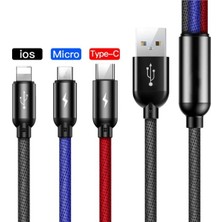 Tastech Lightning Iphone Micro USB Type-C Hızlı Şarj Kablosu Çoklu Örgü Şarz Kablosu Tüm Cep Telefonlara Uyumlu 120CM 3 In 1 Kablo