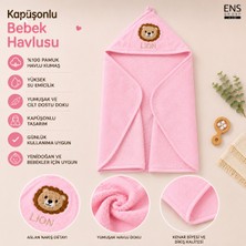 Kapüşonlu Bebek Bornoz Havlu %100 Pamuk Aslan Nakışlı Yumuşak Banyo Havlusu Pembe