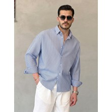 Erkek Ince Çizgili Gofre Kumaş Rahat Kalıp Gömlek