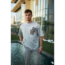 Unisex Bisiklet Yaka Baskılı Oversize T-Shirt - Boyalı Gri
