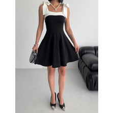 Alfudo Moda Collection Kadın Şerit Detay Straplez Yaka Bağlamalı Askı Tasarım Beyaz Kloş Mini Abiye Elbise
