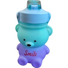 Belirtilmemiş Smile Ayıcık Figürlü Çocuk Su Matarası Pipetli Kapaklı Turkuaz Mor Renk Geçişli 500ML