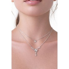 Atalya Accessory Çift Katlı Daldaki Zirkon Taşlı Gümüş Renk Çelik Kolye – Minimal Şık Kadın Kolye