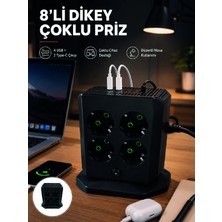 8'li Dikey Çoklu Priz 4 USB 2 Type-C Girişli Akım Korumalı Uzatma Prizi Midastech