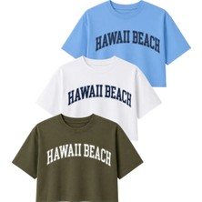 Dı Loria Kadın Rahat Kalıp Hawaii Baskılı Crop T-Shirt Seti (%95 Pamuk), (Mavi, Beyaz, Yeşil)