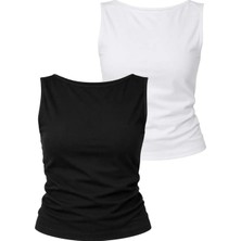 Dı Loria Kadın Yandan Büzgülü Sırt Detaylı Atlet T-Shirt Ikili Set (%95 Pamuk), (Beyaz, Siyah)