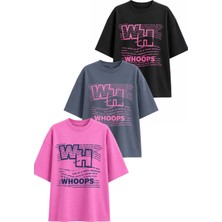 Dı Loria Kadın Oversize Whoops Baskılı Likralı Bisiklet Yaka T-Shirt 3'lü Set (%95 Pamuk) (Siyah, Antrasit, Pembe)