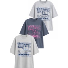 Dı Loria Kadın Oversize Whoops Baskılı Likralı Bisiklet Yaka T-Shirt 3'lü Set (%95 Pamuk) (Gri Melanj, Antrasit, Gri)