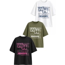 Dı Loria Kadın Oversize Whoops Baskılı Likralı Bisiklet Yaka T-Shirt 3'lü Set (%95 Pamuk) (Beyaz, Yeşil, Siyah)