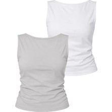 Dı Loria Kadın Yandan Büzgülü Sırt Detaylı Atlet T-Shirt Ikili Set (%95 Pamuk), (Beyaz, Gri)