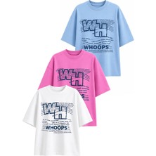 Dı Loria Kadın Oversize Whoops Baskılı Likralı Bisiklet Yaka T-Shirt 3'lü Set (%95 Pamuk) (Mavi, Pembe, Beyaz)