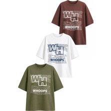 Dı Loria Kadın Oversize Whoops Baskılı Likralı Bisiklet Yaka T-Shirt 3'lü Set (%95 Pamuk) (Beyaz, Yeşil, Kahverengi)