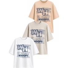 Dı Loria Kadın Oversize Whoops Baskılı Likralı Bisiklet Yaka T-Shirt 3'lü Set (%95 Pamuk) (Hardal, Taş Rengi, Beyaz)