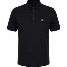 Trender Fermuar Yakalı Baskılı Siyah Erkek T-Shirt 4069