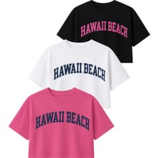Dı Loria Kadın Rahat Kalıp Hawaii Baskılı Crop T-Shirt Seti (%95 Pamuk), (Siyah, Beyaz, Pembe)