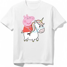 Urban Trend Store Urbantrendstore Peppa Pig Temalı Unisex Kız Çocuk Erkek Çocuk Bisiklet Yaka Tişört
