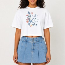 Urban Trend Store Urbantrendstore Crop Tişört Beyaz Baskılı Rahat Kesim Raw Cut Basic Kısa Tshirt