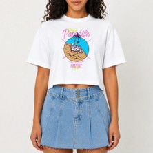 Urban Trend Store Urbantrendstore Crop Tişört Beyaz Baskılı Rahat Kesim Raw Cut Basic Kısa Tshirt
