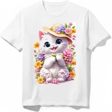 Urban Trend Store Urbantrendstore Sevimli Kedicik Unisex Kız Çocuk Bisiklet Yuvarlak Yaka Basic Kısa Kollu %100 Pamuk Tişört