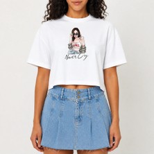 Urban Trend Store Urbantrendstore Crop Tişört Beyaz Baskılı Rahat Kesim Raw Cut Basic Kısa Tshirt
