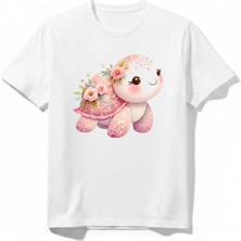 Urban Trend Store Urbantrendstore Sevimli Pembe Kaplumbağa Unisex Kız Çocuk Bisiklet Yuvarlak Yaka Basic Kısa Kollu %100 Pamuk Tişört