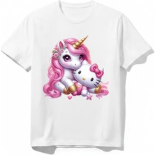 Urban Trend Store Urbantrendstore Unicorn Hello Kitty Sevimli Tatlı Unisex Kız Çocuk Bisiklet Yuvarlak Yaka Basic Kısa Kollu %100 Pamuk Tişört