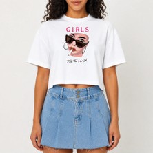 Urban Trend Store Urbantrendstore Crop Tişört Beyaz Baskılı Rahat Kesim Raw Cut Basic Kısa Tshirt
