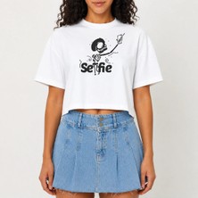 Urban Trend Store Urbantrendstore Crop Tişört Beyaz Baskılı Rahat Kesim Raw Cut Basic Kısa Tshirt
