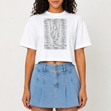 Urban Trend Store Urbantrendstore Crop Tişört Beyaz Baskılı Rahat Kesim Raw Cut Basic Kısa Tshirt